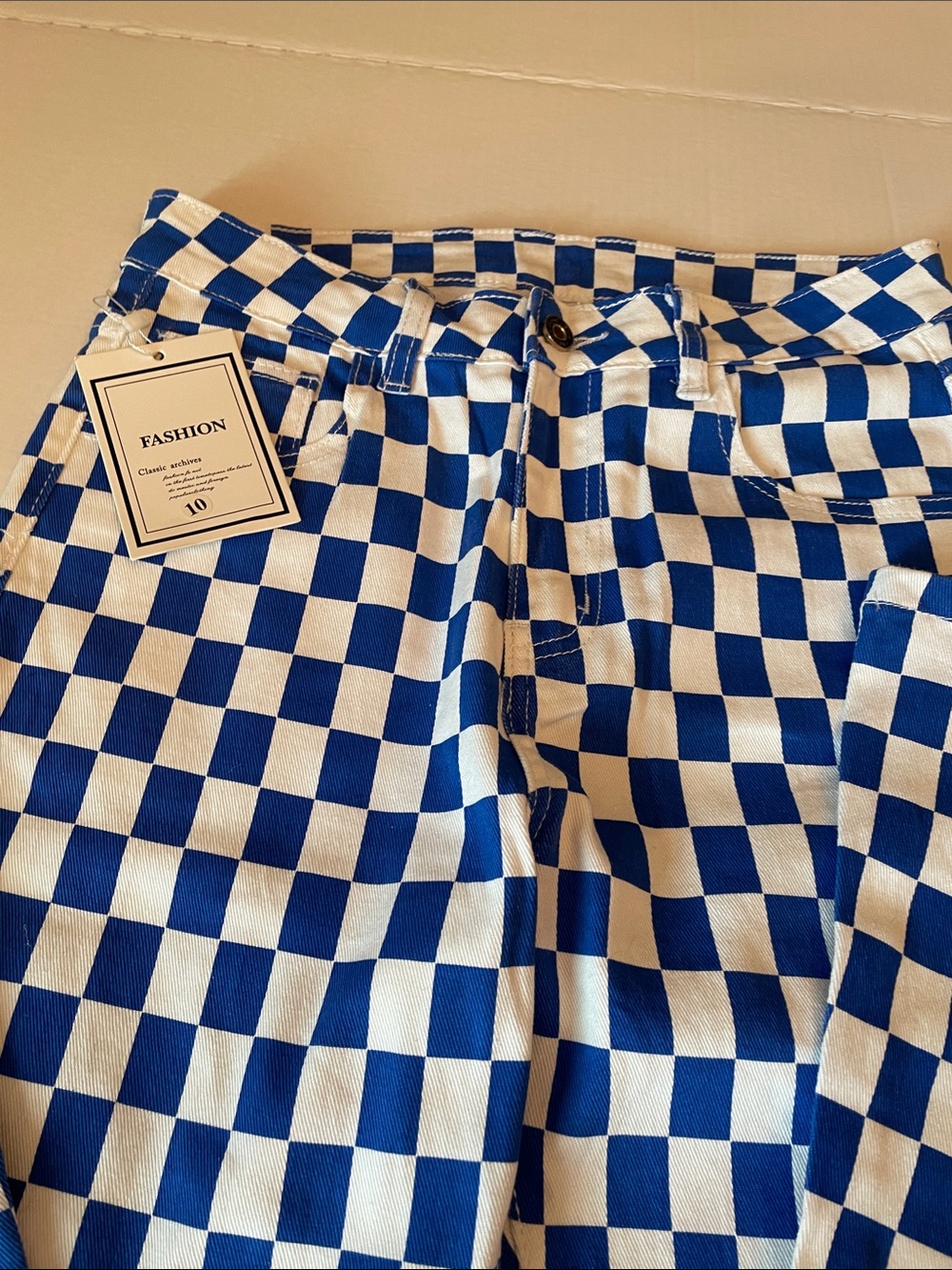 Fashion Blue and White Checkerboard Wide Leg Jeans